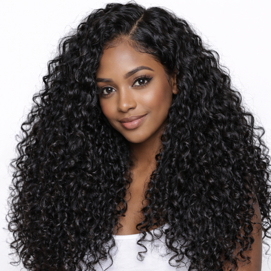 Woman wearing curly human hair crochet extensions from Nomad Halo texture collection