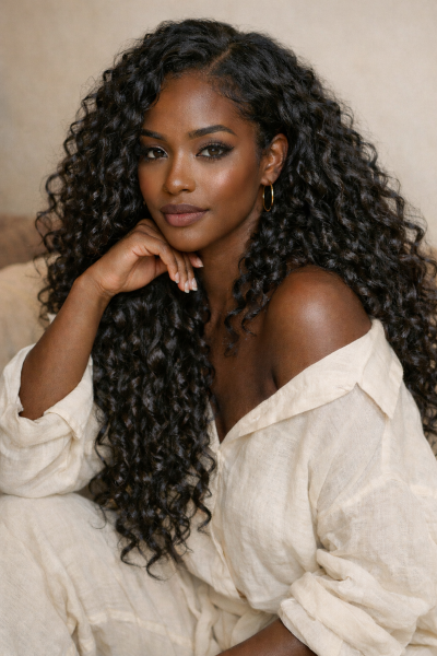 Woman wearing Halo Flow human hair crochet extensions in loose curl texture