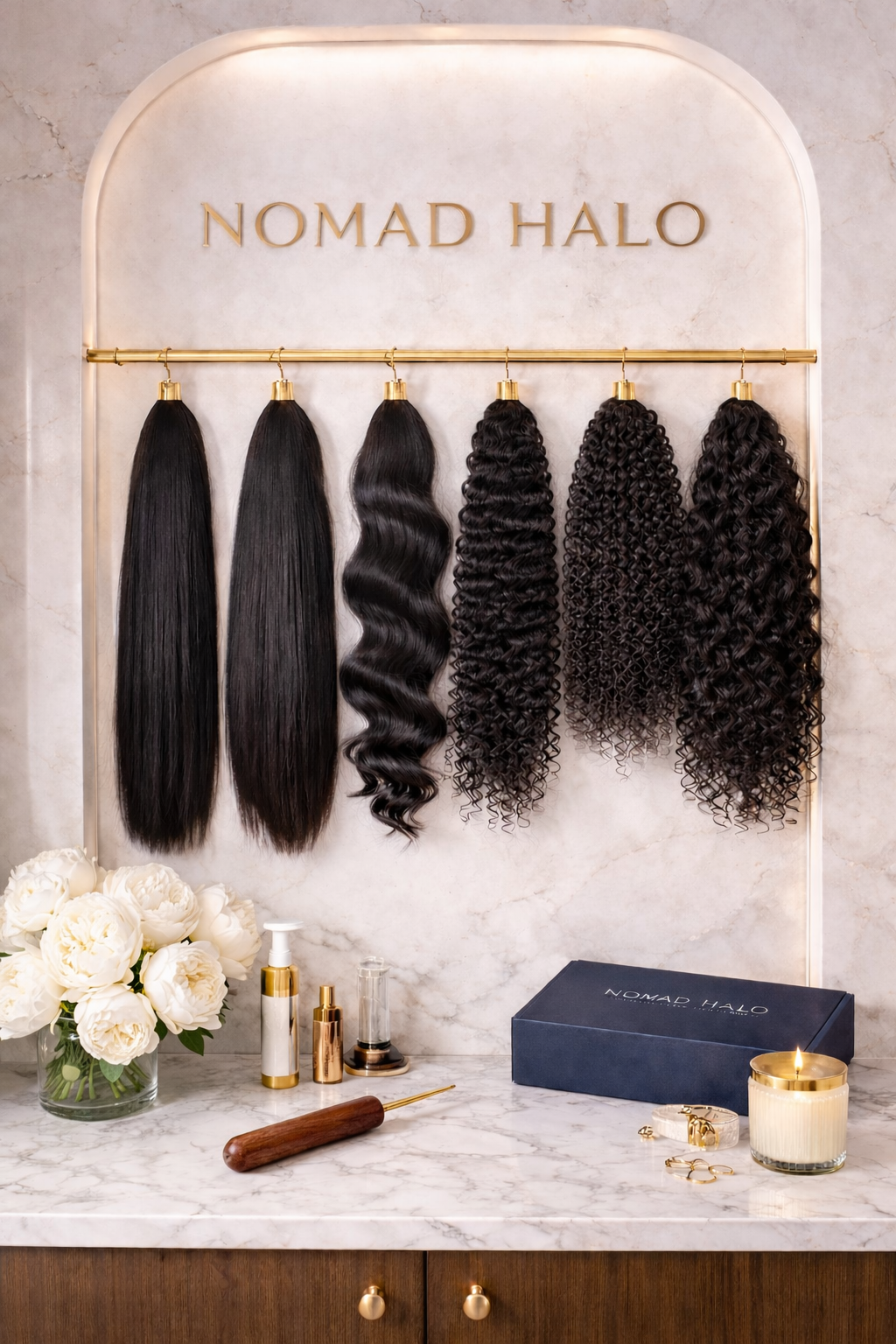 Nomad Halo human hair crochet extensions displayed in multiple natural textures