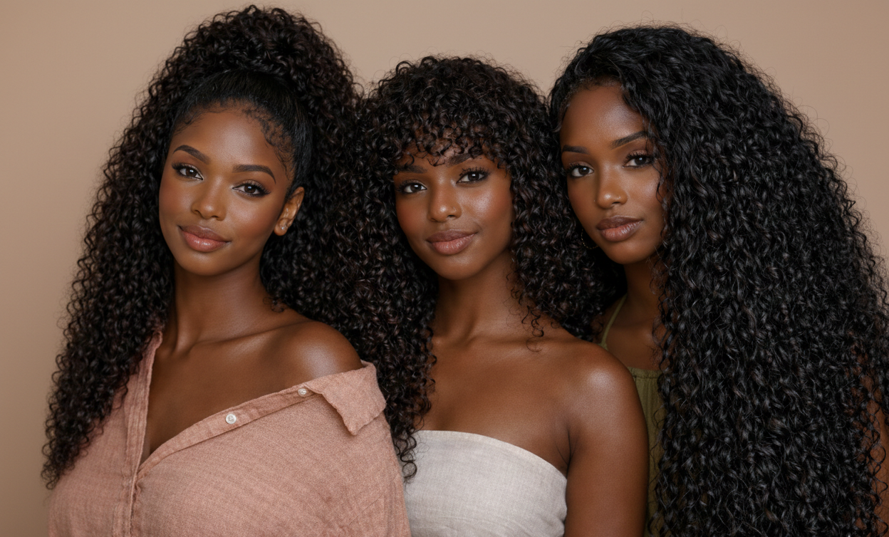 Three women wearing Nomad Halo human hair crochet extensions in curly and coily textures